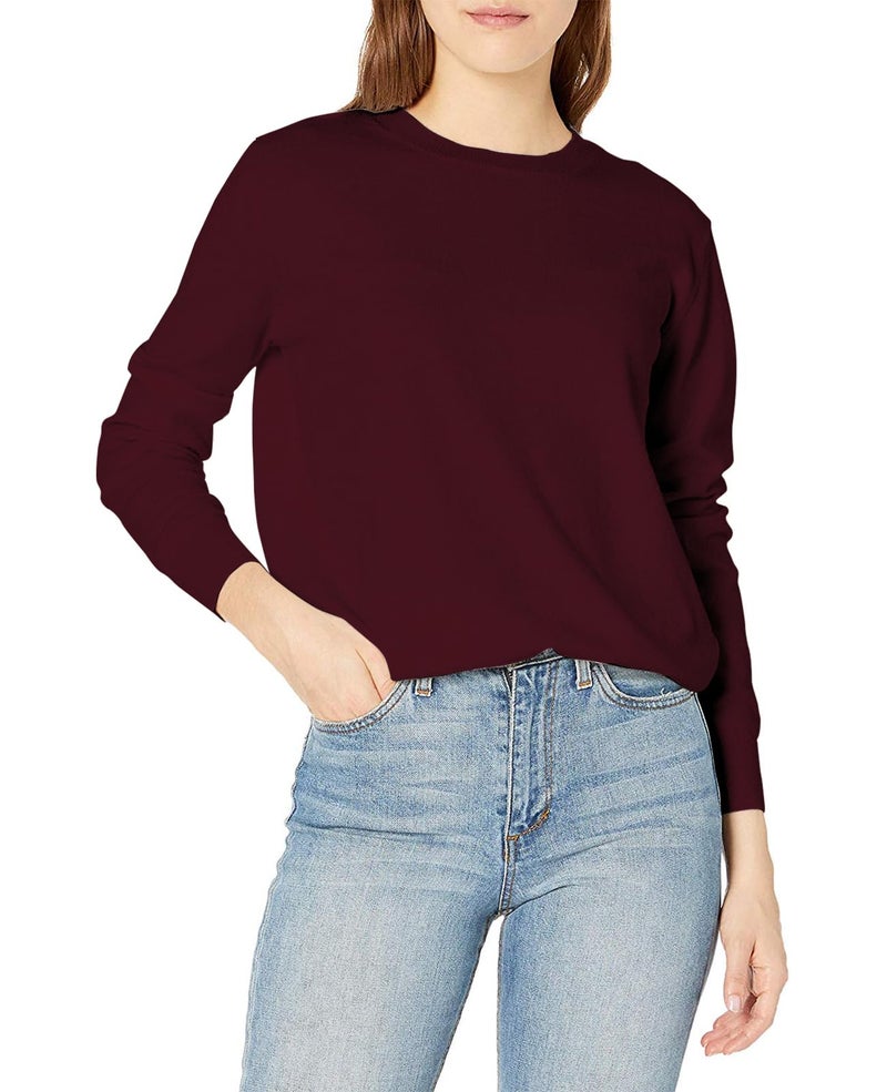 QUALFORT Women's Sweaters Burgundy Crewneck Sweater Pullover Soft Long Sleeve Knitted Jumper Tops Small - Image 1